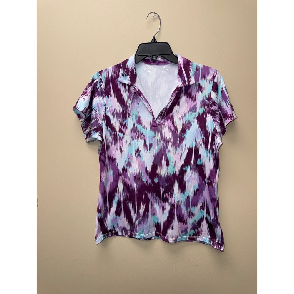 Antigua Womens Purple Abstract Ikat Performance Golf Polo Shirt Short Sleeve M